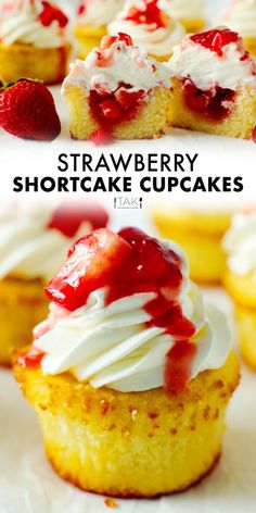 strawberry shortcake cupcakes with white frosting and strawberries on top