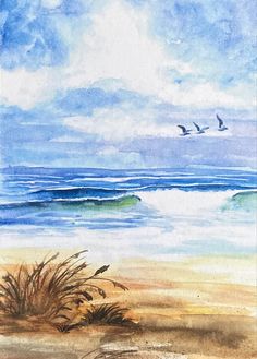 watercolor painting of birds flying over the ocean and sand dunes on a sunny day