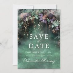 save the date card with purple flowers and greenery