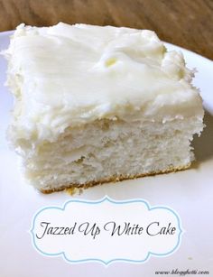 a piece of cake on a plate with the words tazed up white cake written below it