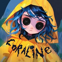 a painting of a girl with blue hair wearing a yellow raincoat and holding an umbrella