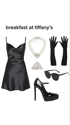 a woman's black dress and accessories with text that reads, breakfast at tiffany's