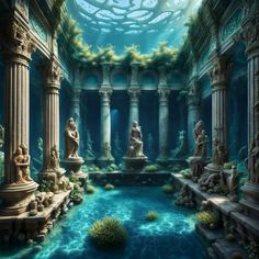 an underwater scene with statues and water