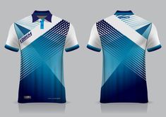 a blue and white shirt with an abstract design on the front, back and side