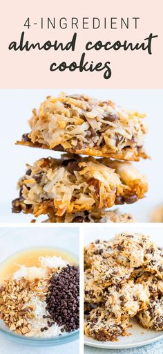 four different pictures with the words 4 ingredient almond coconut cookies on top and in the middle