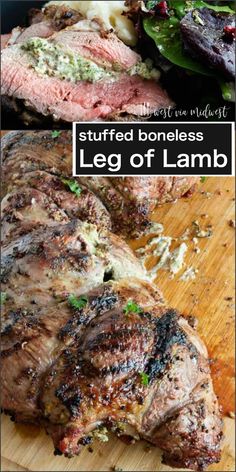 grilled boneless leg of lamb on a wooden cutting board with text overlay that says stuffed boneless leg of lamb