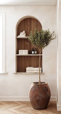 a potted plant sitting on top of a wooden shelf