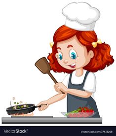 a girl cooking food on the stove with a frying pan and spatula in her hand