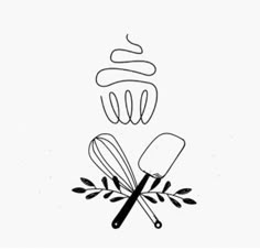 a black and white drawing of utensils with leaves on the side, next to a whisk