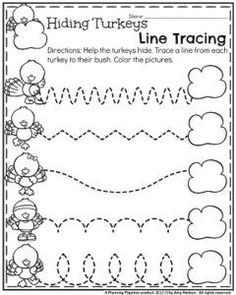 November Preschool Worksheets - Hiding Turkeys Line Tracing. November Preschool Activities, Preschool November, November Preschool, Line Tracing, November Ideas