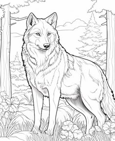 a wolf standing in the woods with trees and flowers around it, coloring pages for adults