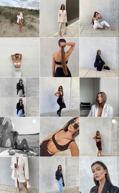 a collage of photos showing different women in swimsuits and one woman with long hair