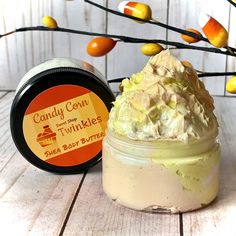 Inspired by a classic Halloween candy, our Candy Corn Body Butter is scented with a mouth watering blend of butter, cassia spice, marzipan and vanilla with base notes of honey and sugar, and certain to leave your skin deliciously smooth! For extra glam, try it with glitter! Our glitter is eco friendly/biodegradable!  This listing is for one 4 or 8  ounce BPA free plastic jar.  This body butter is intensely moisturizing so a little bit goes a long way. It is great to use during dry seasons or after a shower to keep skin hydrated with a healthy glow. Wait for body butter to dry completely on the skin to avoid getting it on clothes.  These body butters are sensitive to temperature so it will harden in cooler temperature and soften in warmer. Keep in mind that body butter will more than likely Body Butters Recipe, Fall Fragrance, Shea Body Butter, Plastic Jars, Happy Skin, Mango Butter, Whipped Body Butter, Healthy Glow, Skin Care Moisturizer