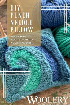 the woolery's diy punch needle pillow is shown with yarn on it