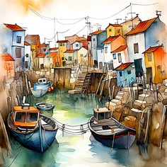 watercolor painting of boats tied to the dock