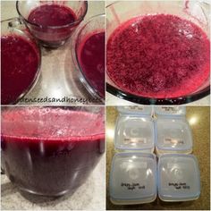 four pictures show the process of making beet juice