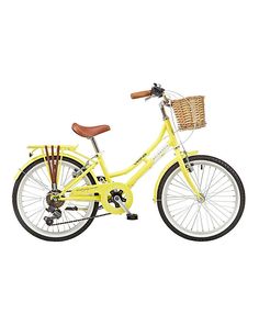 a yellow bicycle with a basket on the front