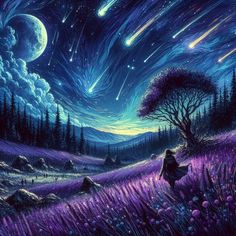 a painting of a person walking through a field at night with stars in the sky