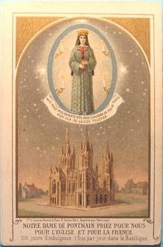 an image of the virgin mary in front of a building with stars and clouds above it