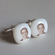 President Obama cufflinks. The picture is printed with a toner enhanced iron oxide, and fired to 1500 F resulting in the image been fused permanently onto the glass. We used white glass as a base and the glass top part of the cufflinks is 5/8" x 5/8" Best quality available metal hardware - Silver plated or sterling silver. picture #1 - set of cufflinks picture #2 - with silver plated hardware picture #3 - with sterling silver hardware. They come in a box. Barack Hussein Obama II (born August 4, 1961) is an American politician and attorney who served as the 44th president of the United States from 2009 to 2017. A member of the Democratic Party, Barack Obama was the first African-American president of the United States. He previously served as a U.S. senator from Illinois from 2005 to 2008 a American Presidents, Democratic Party, Iron Oxide, Tie Accessories, Suit And Tie, Cuff Links, Metal Hardware, Barack Obama, Silver Hardware