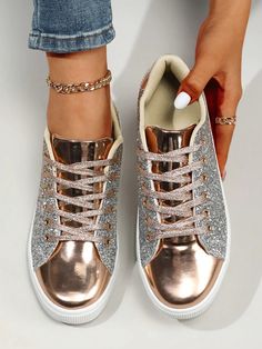 Sequin Dreams: Lace-up Front Skate Shoes for Fashionable Sporty Outing Metallic Glitter Lace-up Sneakers, Trendy Metallic High-top Sneakers, Metallic Lace-up Sneakers, Spring Glitter Lace-up Sneakers, Trendy Metallic Lace-up Sneakers, Trendy Metallic Round Toe Sneakers, Trendy Spring Skate Shoes With Laces, Casual Metallic Sneakers With Speckled Midsole, Casual Metallic Sneakers