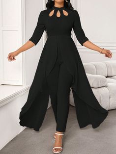 Women's Fashionable Elegant Petal Cutout Design Mid-Sleeve Asymmetrical Leaf Hem Jumpsuit Black Elegant  Three Quarter Length Sleeve Knitted Fabric Plain Other Slight Stretch  Women Clothing, size features are:Bust: ,Length: ,Sleeve Length: Black Dressy Jumpsuit, Mesh Prom Dress, Off Shoulder Jumpsuit, Jumpsuit Dressy, Fingerless Gloves Knitted, Cutout Design, Jumpsuit Black, Long Sleeve Jumpsuit, Classy Women