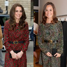 two pictures of the same woman in different outfits, one is wearing a black and red dress