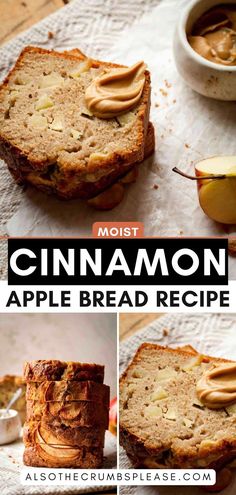 cinnamon apple bread with apples in the background and text overlay that reads, most cinnamon apple bread recipe