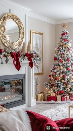 a living room decorated for christmas with a tree and presents on the fireplace mantel