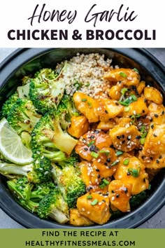 chicken and broccoli in a bowl with sesame seeds on the side text overlay reads honey garlic chicken and broccoli