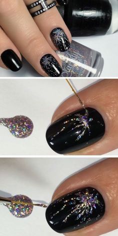 10-nageldesign-schwarz-ring-nagellack-silber-glitzer-selber-machen Nails New Years, Nail Designs Bling, Firework Nails, New Years Eve Nails, Holiday Nail, Designs Nail, Nail Designs Glitter