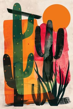 an abstract painting of cactuses and sunsets