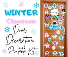 a door decorated with stickers and snowflakes for winter classroom door decoration kit