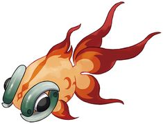 an orange and green fish with big eyes on it's back legs is floating in the air