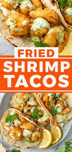 fried shrimp tacos with cilantro and lime on the side