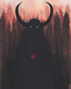 a black bull with horns standing in the middle of a forest at sunset or dawn