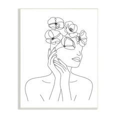 a black and white drawing of a woman with flowers in her hair, holding her hand to her face