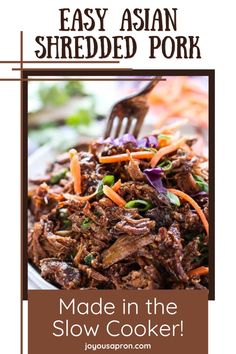 Make this easy Asian shredded pork in the slow cooker for a delicious, hands-off meal that’s loaded with flavor. With a savory sauce featuring soy sauce, garlic, and a touch of brown sugar, this pulled pork is perfect over rice, noodles, or in bao buns. This Asian Shredded Pork recipe is ideal for meal prep or feeding a crowd. Asian Shredded Pork, Asian Pulled Pork, Shredded Pork Recipes, Joyous Apron, Slow Cooker Asian, Pork Shoulder Recipes, Shredded Pork, Pork Recipe, Easy Pork