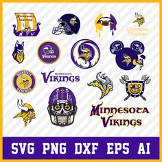 the minnesota vikings football team logos are shown in purple, yellow and white with an orange stripe