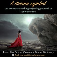 a woman in a red dress standing next to a rock formation with the caption dream dictionary