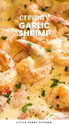 creamy garlic shrimp recipe in a white sauce with parsley on top and title overlay