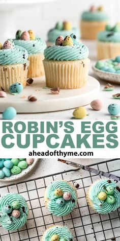 blue and green cupcakes on a cooling rack with easter eggs in the background