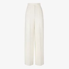 High-waisted, tailored palazzo trousers. Ironed crease, inset side pockets and back welt pockets. Concealed zip and small hook fastening. Made of white wool and silk. Made in Italy. Size 40 Fendi Pants, Fendi Logo Design, Fendi Dress, Trousers White, Palazzo Trousers, White Trousers, Viscose Dress, Silk Trousers, Colored Pants