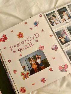 an open photo book with pictures of people and hearts on the pages that say, pegarod wall