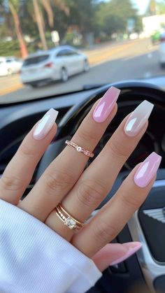 Ombre Ideas Nails, Summer Long Square Nails, New Nail Designs 2024 Summer, White And Pink Nails Ideas, White And Pink Acrylics, Ombre Nails Powder, White And Pink Summer Nails, New Trend Nails 2024 Summer, Pink With White Nails