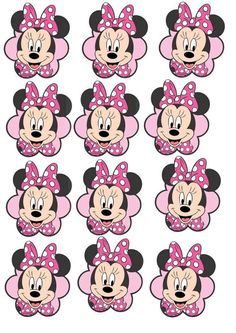 minnie mouse faces with pink bows and polka dots on the ears, set of 12