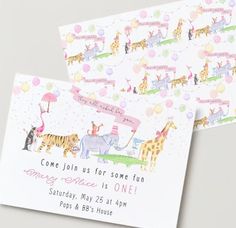 two business cards with children's pictures on them, one has an elephant and the other has giraffes