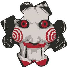 a creepy clown mask with red eyes and black hair is featured in this image, which appears to be part of a puzzle