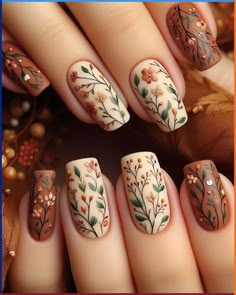 Vintage Style Nail Art, Boho Nails Square, Vintage Flower Nails, Vintage Inspired Nails, Rustic Wedding Nails, Boho Summer Nails, Vintage Nails Aesthetic, Woodland Nails, Forest Nail Art