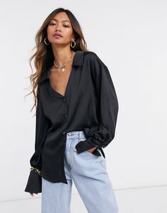 ASOS DESIGN satin shirt with deep cuff in black | ASOS Casual Party Outfit Night Jeans, Satin Shirt Outfit Jeans, Black Satin Blouse Outfit, Black Satin Shirt Outfit, Black Blouse Outfit, Satin Top Outfit, Satin Shirt Outfit, Silk Blouse Outfit, Silk Shirt Outfit